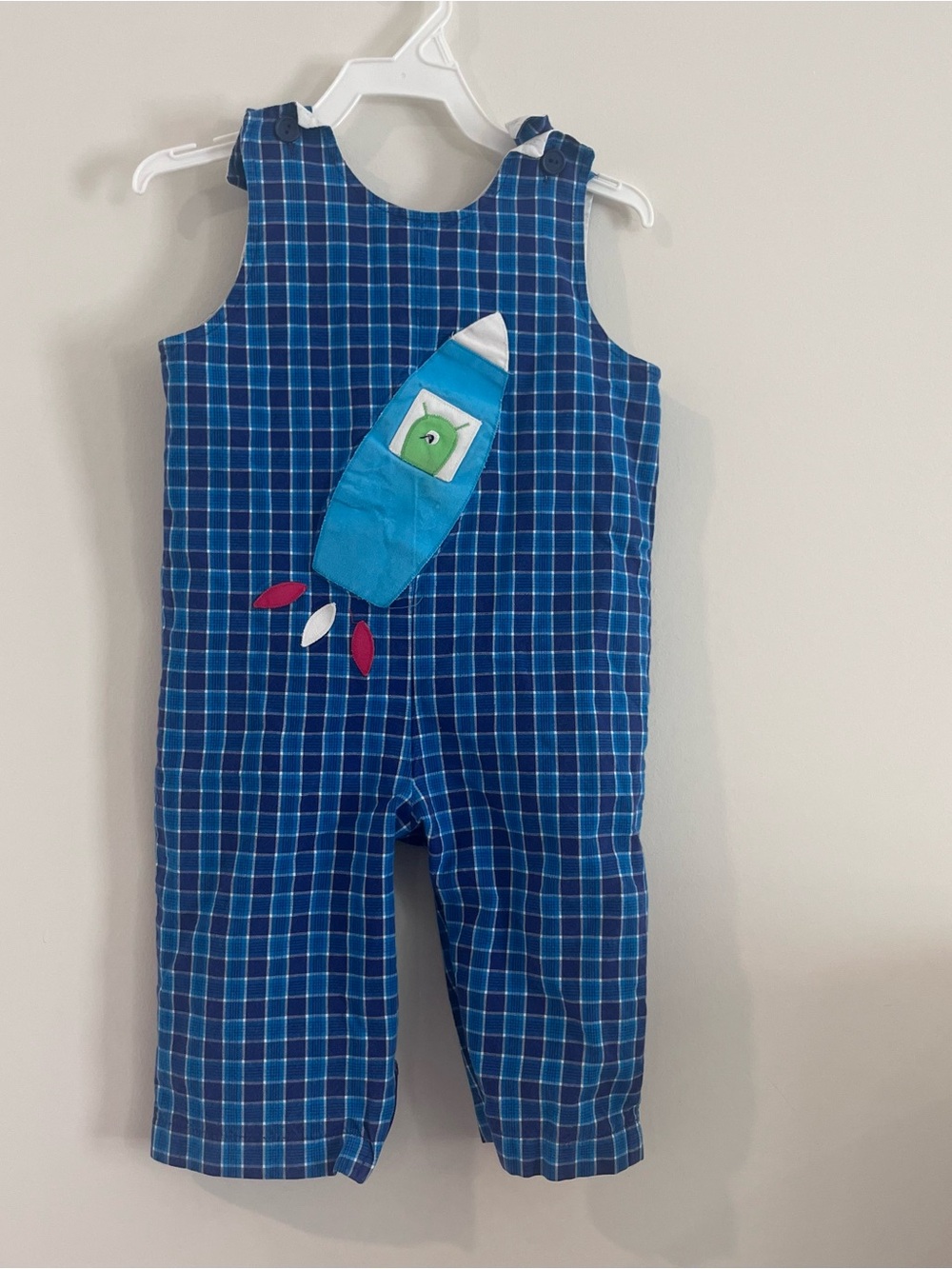 Funtasia Too Blue Plaid Overalls Toddler Boy Appliqué Rocket 18m? Winter Fall